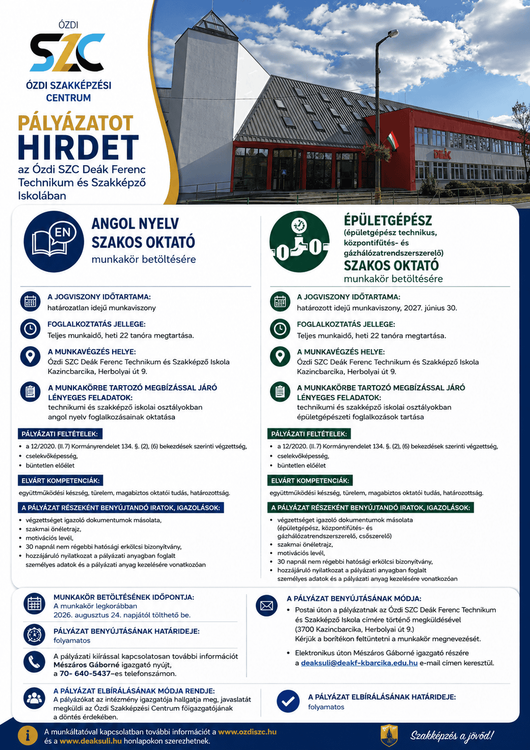 Álláshirdetés (angol nyelv, épületépész oktató)